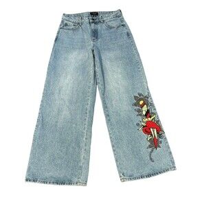 Ed Hardy Dagger Heart Retro Light Jeans Womens 28 Wide Leg Flare Y2K Tattoo